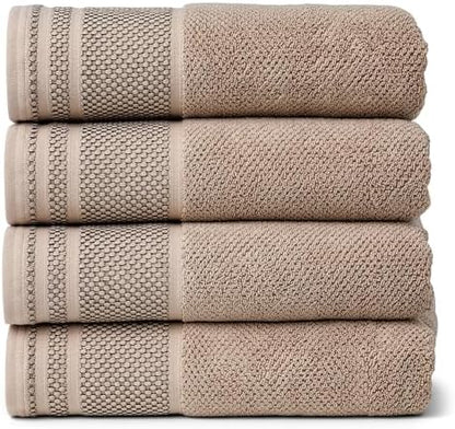 Texere 100% Organic Cotton Rice Weave Jacquard 700 GSM Luxury Bath Towel Sets - Ultra Soft and Absorbent Hotel and Spa Quality (Rice Weave, Oxford Tan, 4 Bath Towels)