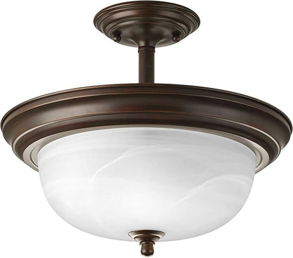 Progress Lighting 2-Light Ceiling Light, Semi-Flush Mount or Hanging Ceiling Light Fixture for Interior Kitchen Lights or Hallway, 13-3/16" by 11-5/16", Antique Bronze, Alabaster Glass Shade