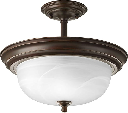 Progress Lighting 2-Light Ceiling Light, Semi-Flush Mount or Hanging Ceiling Light Fixture for Interior Kitchen Lights or Hallway, 13-3/16" by 11-5/16", Antique Bronze, Alabaster Glass Shade