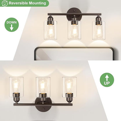 3-Light Bathroom Vanity Light, Clear Glass & Brown,17.3" | Modern Wall Lamp, For Mirror
