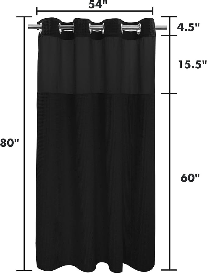 River Dream Cotton Blend Fabric Shower Curtain Set with Liner, Black, 54x80 | Waffle Weave, No Hook Needed, with Snap in Replacement Liner, Top Sheer Window, Hotel Quality Fabric for Bathroom