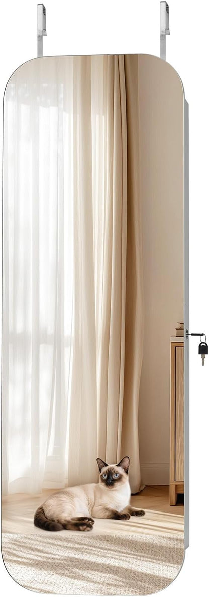 VEVOR Mirror Jewelry Cabinet, 42.5-inch Tall, Full-Length Mirror with Storage, Wall Mount/Over the Door Jewelry Armoire Organizer, Rounded Design, Lockable with 2 Keys and a Travel Organizer, White