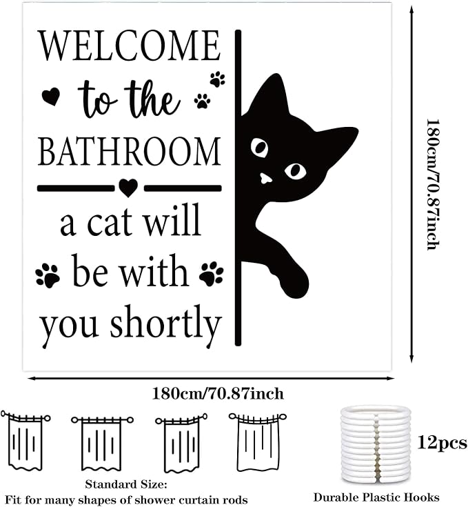 Funny Cat Shower Curtain, Fun Cartoon Black Cat Bath Curtain | 72x72 Inches, Waterproof Polyester Fabric, Welcome to the Bathroom Decor for Home Decorations, Includes 12 Hooks