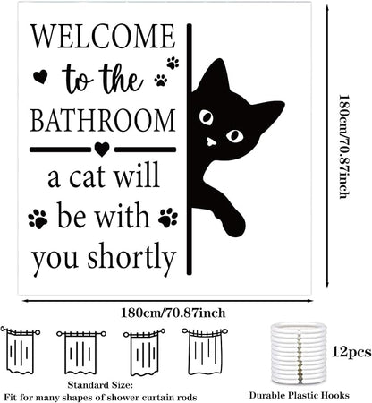 Funny Cat Shower Curtain, Fun Cartoon Black Cat Bath Curtain | 72x72 Inches, Waterproof Polyester Fabric, Welcome to the Bathroom Decor for Home Decorations, Includes 12 Hooks