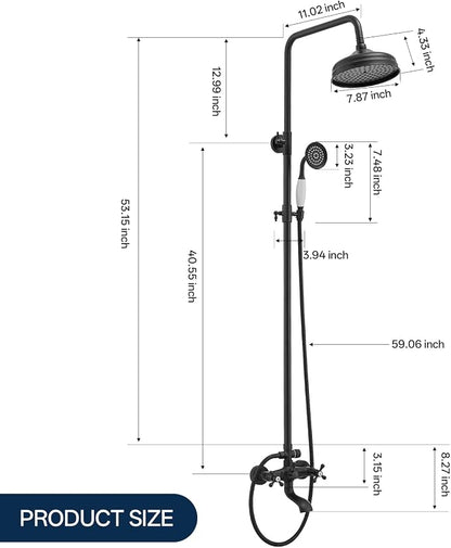Homevacious Matte Black Outdoor Shower Kit Exposed Shower | 8 Inch High Pressure Rain Shower Head with Hand Spray Bathroom Shower Faucet System Double Knobs Cross Handle 3-function