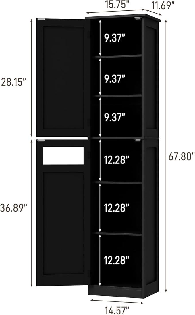 Vabches Tall Bathroom Cabinet, Slim Bathroom Storage Cabinet with Adjustable Shelves and 2 Doors, Narrow Floor Storage Cabinet for Bathrooms, Kitchen, Living Room, Black