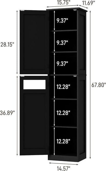 Vabches Tall Bathroom Cabinet, Slim Bathroom Storage Cabinet with Adjustable Shelves and 2 Doors, Narrow Floor Storage Cabinet for Bathrooms, Kitchen, Living Room, Black
