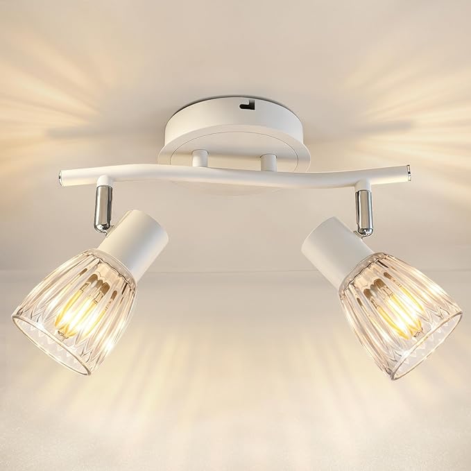 HiBay 2-Light Track Lighting, Adjustable Modern Ceiling Light Fixture White | with Glass Shades, Flush Mount Wall Spotlight Indoor for Kitchen, Bedroom, Living Room, E12 Base, No Bulbs