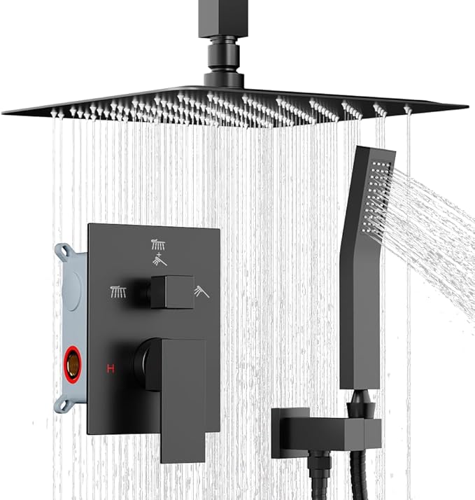 Shower System Shower Faucet Set, STARBATH 12" Ceiling Mount Rain Shower Head and Handheld Spray for Two Person, Rainfall Shower System with Diverter Valve and Trim Kit Complete，Matte Black