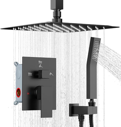 Shower System Shower Faucet Set, STARBATH 12" Ceiling Mount Rain Shower Head and Handheld Spray for Two Person, Rainfall Shower System with Diverter Valve and Trim Kit Complete，Matte Black