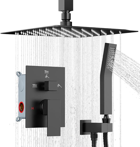 Shower System Shower Faucet Set, STARBATH 12" Ceiling Mount Rain Shower Head and Handheld Spray for Two Person, Rainfall Shower System with Diverter Valve and Trim Kit Complete，Matte Black