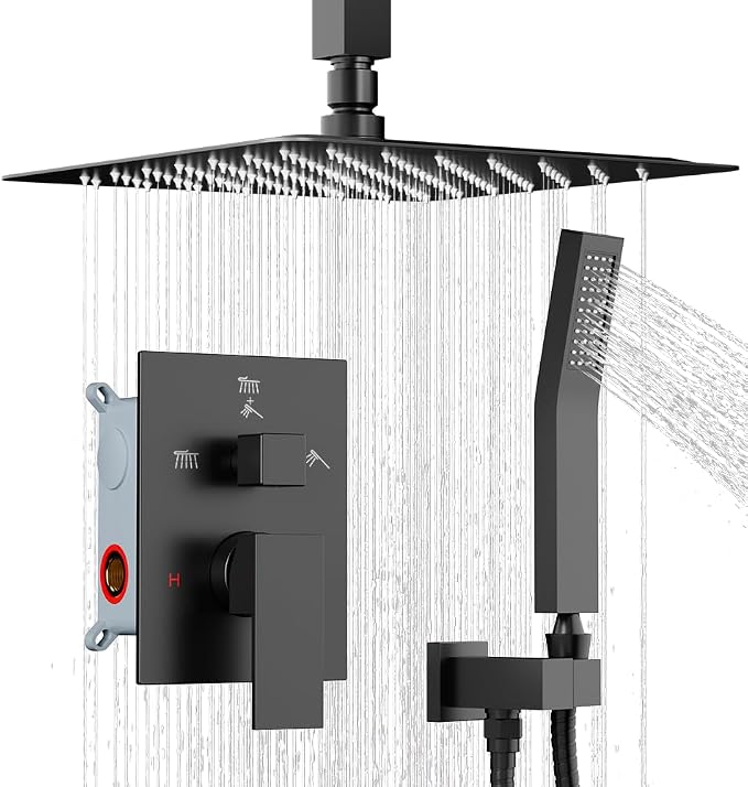 Shower System Shower Faucet Set, STARBATH 10" Ceiling Mount Rain Shower Head and Handheld Spray for Two Person, Rainfall Shower System with Diverter Valve and Trim Kit Complete,Matte Black