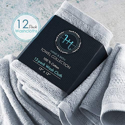 Hearth & Harbor Washcloths 12 Pack - 100% Cotton Washcloth for Body and face, High Absorbent and Soft 13"x13" Body Wash Cloth, Quick Dry - Ice Blue Washcloths