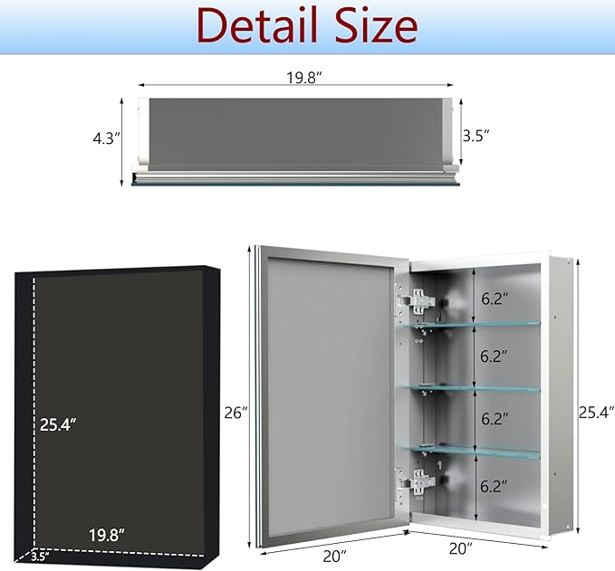 Bathroom Medicine Cabinet, 20x26 inch Mirror Cabinet of Aluminum, Assembly Needed, Surface Mount or Recessed, Medicine Cabinet with Mirror, Adjustable Glass Shelves, Waterproof for Bathroom