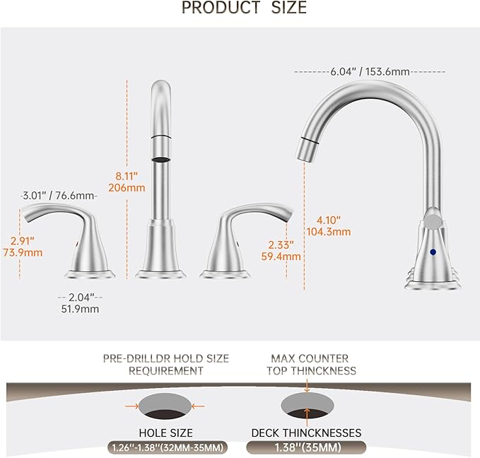 Phiestina 8 Inch Brushed Nickel Antique Rotatable Widespread Bathroom Faucet - Pull-Out Sprayer, Metal Pop-Up Drain, Water Supply Lines, 2 Handles for 3-Hole Sinks,WFJC180CL-BN