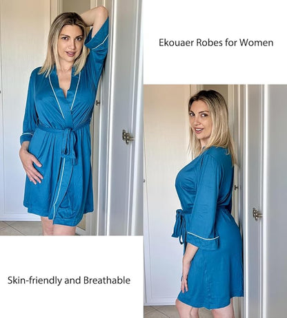 Ekouaer Women Kimono Robes Knee Length Knit Bathrobe Lightweight Soft Sleepwear V-neck Casual Ladies Loungewear