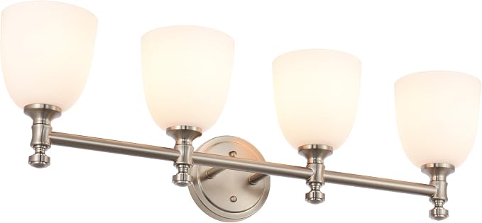 Bathroom Vanity Light, 4-Light Bathroom Light Fixtures Over Mirror, Traditional Vanity Lights for Living Room, Milk White Bell Glass Shades, Standard E26 Base, Brushed Nickel