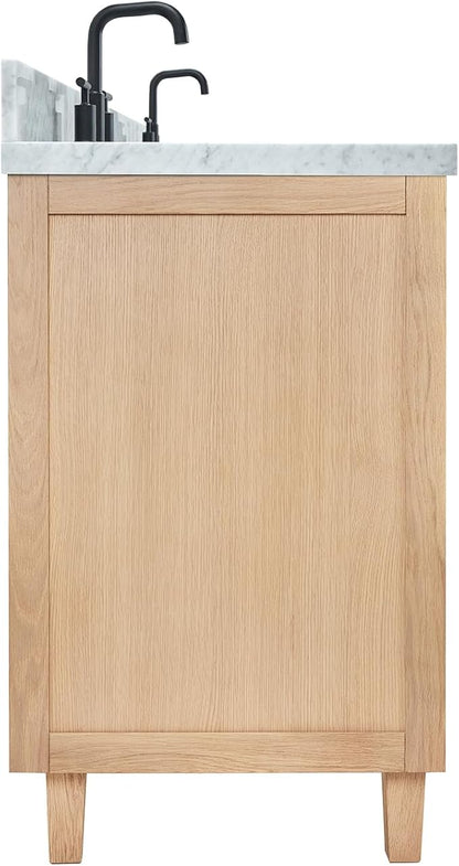 ARIEL Monroe 72-inch Bathroom Vanity with Sink,Solid Wood, 1.5-inch Italian Carrara Marble Countertop & Backsplash, Double Oval Porcelain Sink, 9 Dovetail Drawers, Matte Black, White Oak