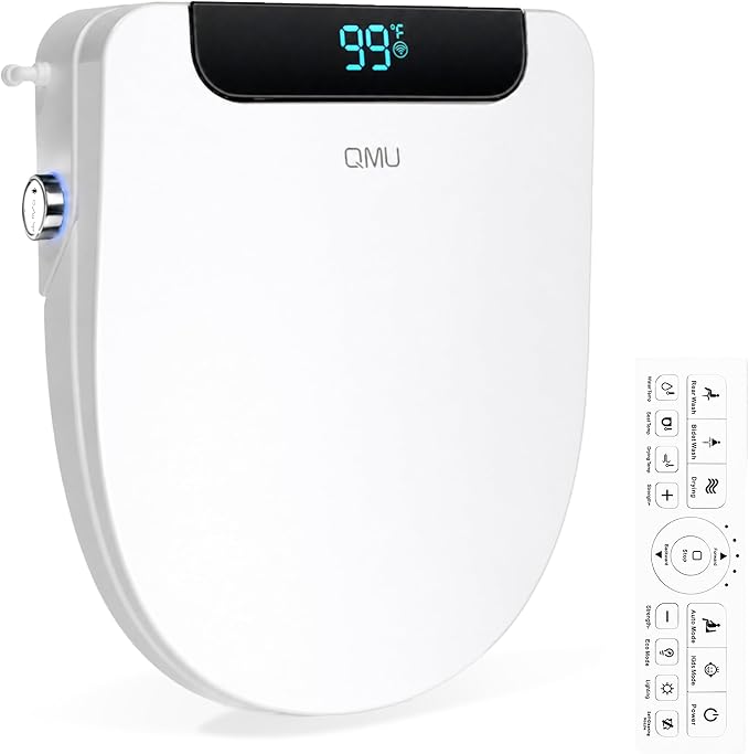 Electric Bidet Toilet Seat Round – Heated Seat, Warm Water & Air Dryer | Wireless Remote & Side Knob Dual Control, Self-Cleaning Nozzle, Slow-Close Lid, LED Display, Night Light, Easy DIY Install