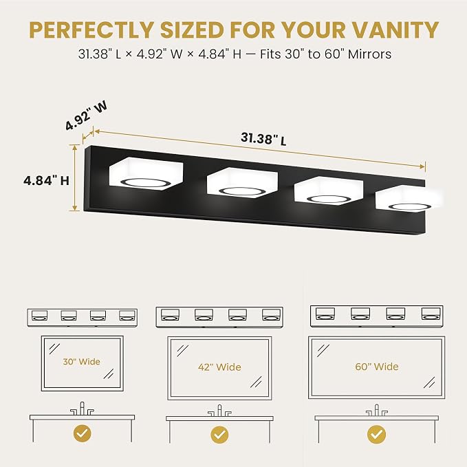 Bathroom Vanity Light, 4-Light 31 Inch Matte Black 5CCT 2700-6500K LED Bathroom Light Fixtures Over Mirror, Vanity Lighting Modern Bath Wall Sconce for Mirror Bedroom Living Room