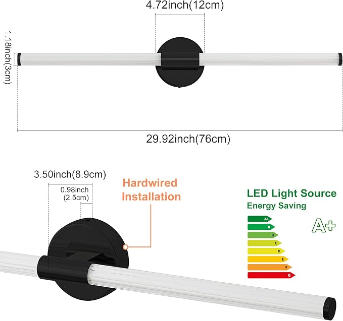 LED Bathroom Vanity Lights Black Wall Sconce Modern 30" | 360° Bright Bathroom Light Fixture, Dimmable Vanity Light, Hardwired Wall Light 4000K for Mirror