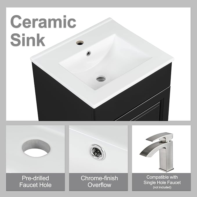 Christopher Knight Home Vanes Wood Frame 20" Bathroom Vanity with Ceramic Sink, Cabinet with Soft-Closing Door Shelf and Adjustable Shelf, Open Back, Metal Hardware, Storage/Organizer, Black