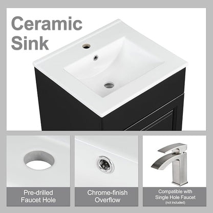 Christopher Knight Home Vanes Wood Frame 20" Bathroom Vanity with Ceramic Sink, Cabinet with Soft-Closing Door Shelf and Adjustable Shelf, Open Back, Metal Hardware, Storage/Organizer, Black