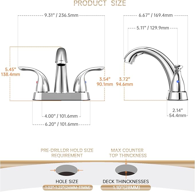 Phiestina Chrome 4 Inch 2 Handle Centerset 2 or 3 Holes Bathroom Faucet 2 Pack, Vanity Sink Faucet with Copper Pop Up Drain and Water Supply Lines, BF008-5-C-2PACK