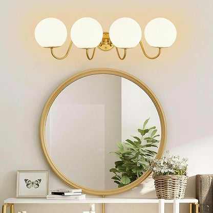 4 Lights Vintage Bathroom Vanity Light Fixtures Over Mirror, Brushed Gold Vanity Lights For Bathroom With Milk White Glass Globe Shade, Wall Lights For Bedroom, Hallway, Dressing Table(G9 Incl.)