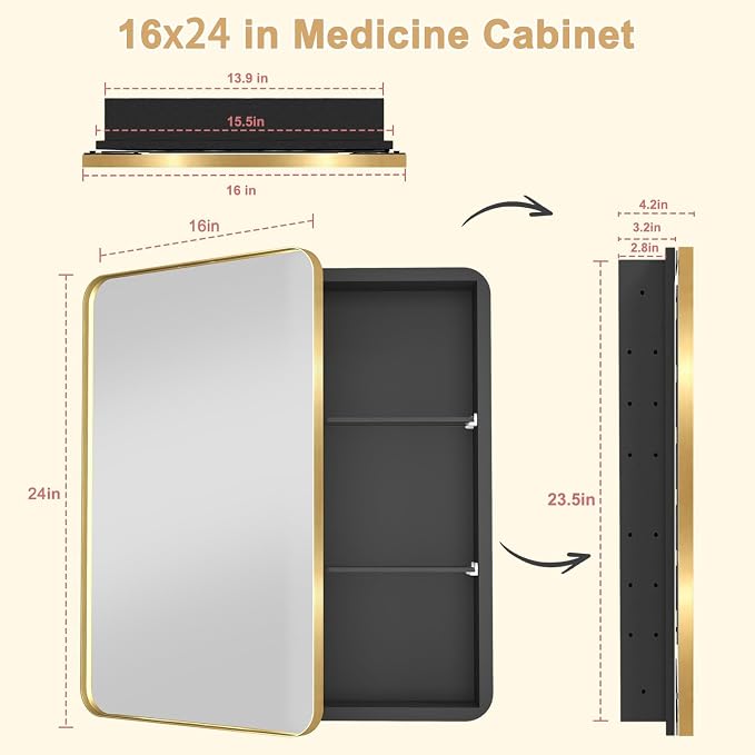 16x24 in Brushed Gold Medicine Cabinet with Mirror for Bathroom | Fully Assembled; Recessed or Surface Wall Mount; Metal Cabinet with Tempered Glass Mirror and Two Adjustable Glass Shelves