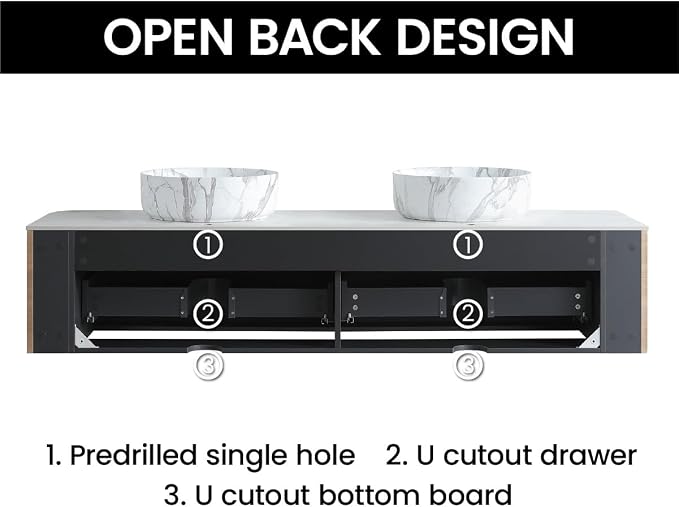 72" Preassembled Double Floating Bathroom Vanity with Carrara Sink, Oak | Mid-Century Modern Style, Fluted & Soft-Close Drawer with U-shaped Wall, Sinterted Stone Countertop, Towel Rack Included