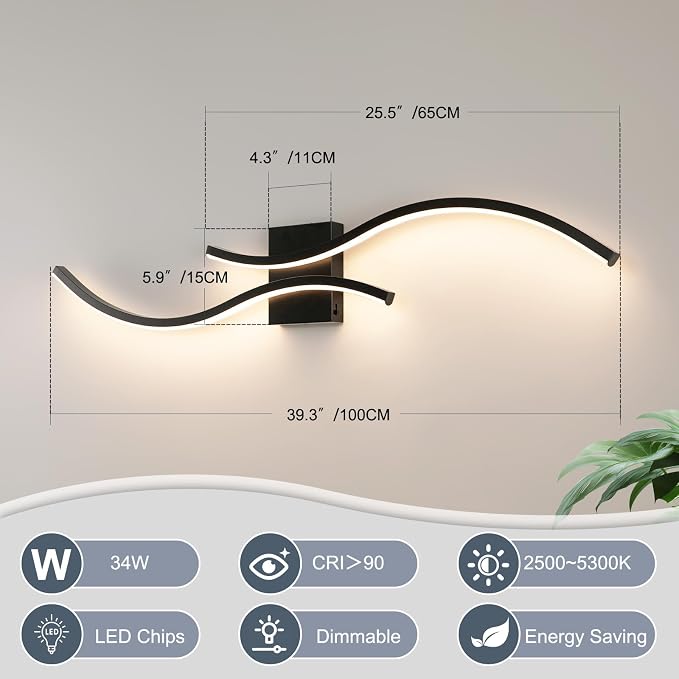 39in Bathroom Vanity Light Fixture, 34W 5CCT Dimmable Modern Led Bathroom Light Fixtures Over Mirror, Black LED Vanity Lighting Bar for Bathrooms (Black, 39inch)