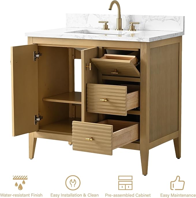 HOMEBEYOND 36" Bathroom Vanity with Sink, Solid Wood Bathroom Vanity Free-Standing Cabinet, Drawers, Ceramic Top & Soft Closing Door, Golden Brushed Handware, Natural Oak