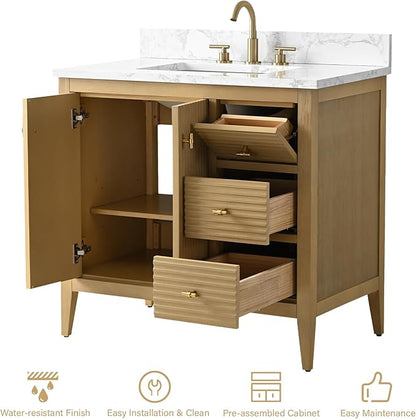 HOMEBEYOND 36" Bathroom Vanity with Sink, Solid Wood Bathroom Vanity Free-Standing Cabinet, Drawers, Ceramic Top & Soft Closing Door, Golden Brushed Handware, Natural Oak