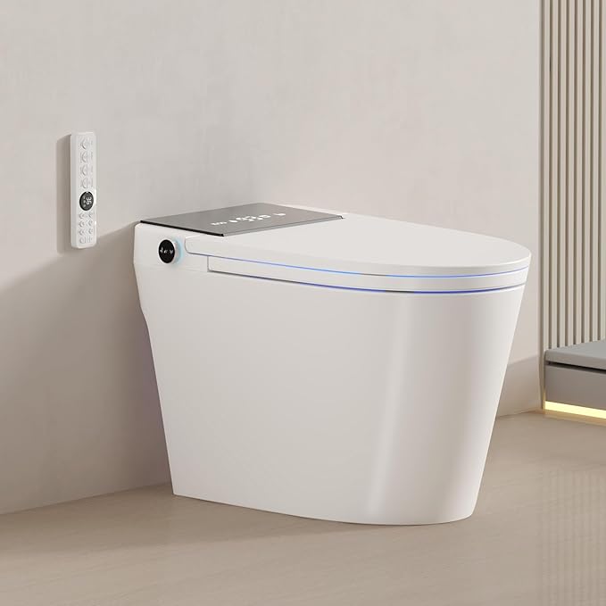 Smart Toilet with Bidet Built-In and Tank – Foam Shield, Heated Seat, Dual Flush, Warm Water & Dryer, Mutiple Clean Modes, Foot Sensor, Night Light, and Wireless Remote Control