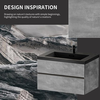 36" Floating Bathroom Vanity with Sink, Modern Wall-Mounted Bathroom Storage Vanity Cabinet with Two Black Quartz Sand Top Basins and Four Soft Close Drawers, Cement Grey