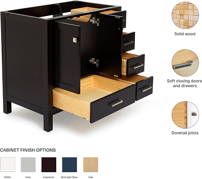 ARIEL Cambridge 36-inch Bathroom Vanity Base Cabinet,Solid Wood, 2 Soft Closing Doors, 5 Dovetail Drawers, Espresso