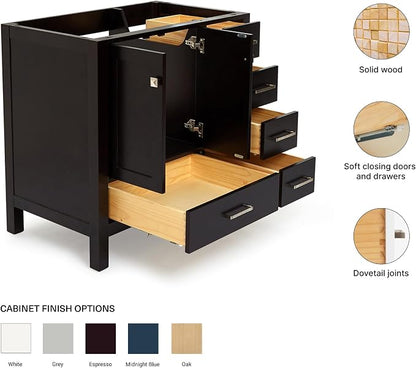 ARIEL Cambridge 36-inch Bathroom Vanity Base Cabinet,Solid Wood, 2 Soft Closing Doors, 5 Dovetail Drawers, Espresso