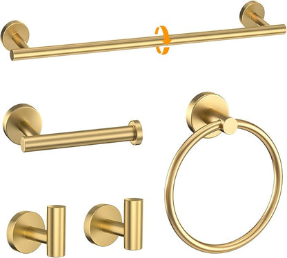 Brushed Gold Towel Bar Set 5 Pieces Round Bathroom Hardware Set Includes 23.6in Towel Bar Towel Ring Toilet Paper Holder Towel Hooks Stainless Steel Wall-Mounted Bathroom Towel Holder Set