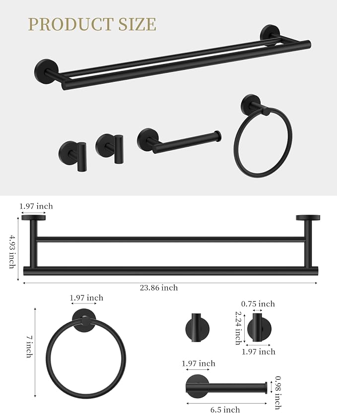 Matte Black Bathroom Hardware Accessories Set 5 pcs Towel Holder Bar Set | 24 inches Stainless Steel Towel Bar, Towel Racks for Bathroom Robe Towel Hooks Toilet Paper Holder Wall Mounted by BATHLAVISH