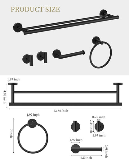Matte Black Bathroom Hardware Accessories Set 5 pcs Towel Holder Bar Set | 24 inches Stainless Steel Towel Bar, Towel Racks for Bathroom Robe Towel Hooks Toilet Paper Holder Wall Mounted by BATHLAVISH