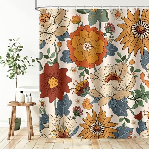 Orange Boho Floral Shower Curtain for Bathroom 72 x 72 inch