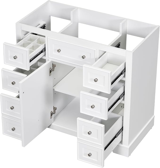 36" Bathroom Vanity Without Sink, Base Only,One Cabinets and Six Drawers,Wood Set Frame W/Adjustable Shelf,Water, Stain Proof,White