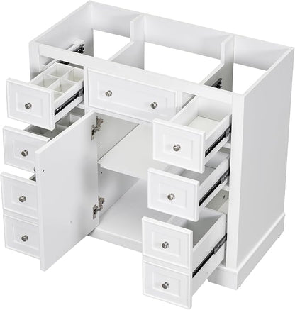 36" Bathroom Vanity Without Sink, Base Only,One Cabinets and Six Drawers,Wood Set Frame W/Adjustable Shelf,Water, Stain Proof,White