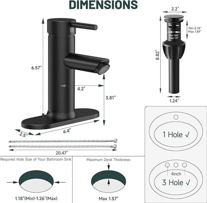 2 Pack Bathroom Faucet for 1 or 3 Holes, Matte Black, Brass | Single Handle Bathroom Sink Faucets, Modern Commercial Lavatory Vanity Faucet,with Deck Plate and Supply Line, Pop Up Drain
