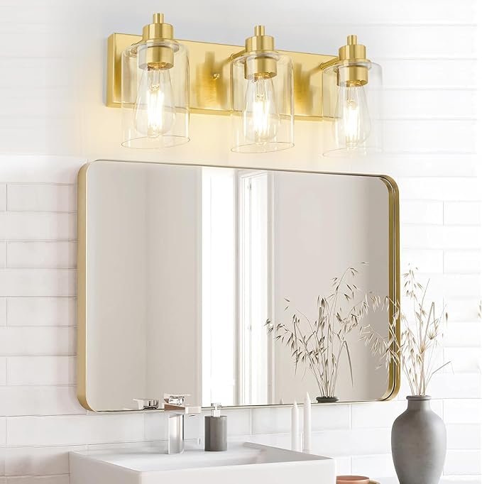 Gold Bathroom Light Fixtures, Bathroom Light Fixtures Over Mirror, Gold Vanity Lamp with Clear Glass
