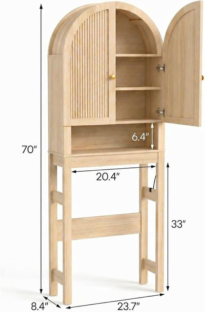 HMstone Over The Toilet Storage Cabinet, Arched Bathroom Organizer and Storage with Doors and Adjustable Shelf, Space-Saving Freestanding Bathroom Modern Storage Cabinet Over Toilet (Natural)