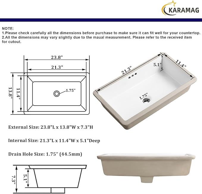 24 Inch Undermount Bathroom Sink Rectangle Undermount Sink White Ceramic Under Counter Bathroom Sinks with Overflow (23.8"x13.8")