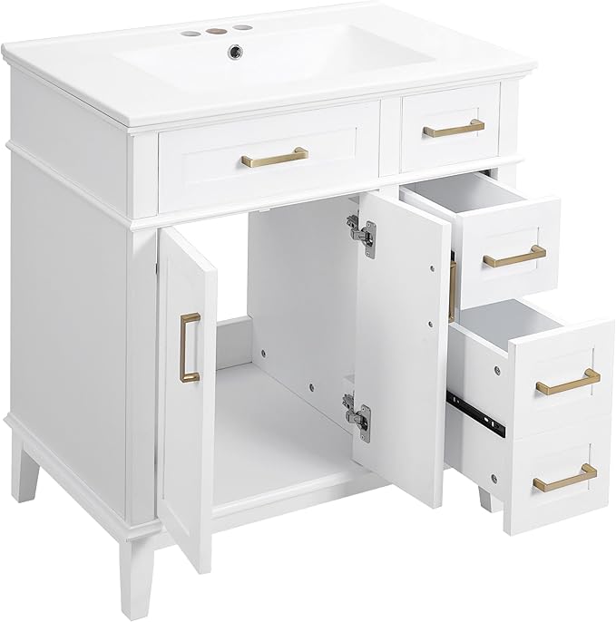 Favfurish 30" Bathroom Vanity with Ceramic Sink, Modern Storage Cabinet with Soft-Close Doors,Deep Drawer & Standard Drawer, Stylish Bath Vanity for Small Bathroom,Easy Assembly,White
