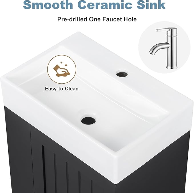 Harper & Bright Designs 20" Bathroom Vanity with Sink, Wall-Mounted Single Basin Vanity Set with One Drawer & Two-Tier Left Side Storage Shelf, Storage Cabinet with Ceramic Basin for Bathroom, Black